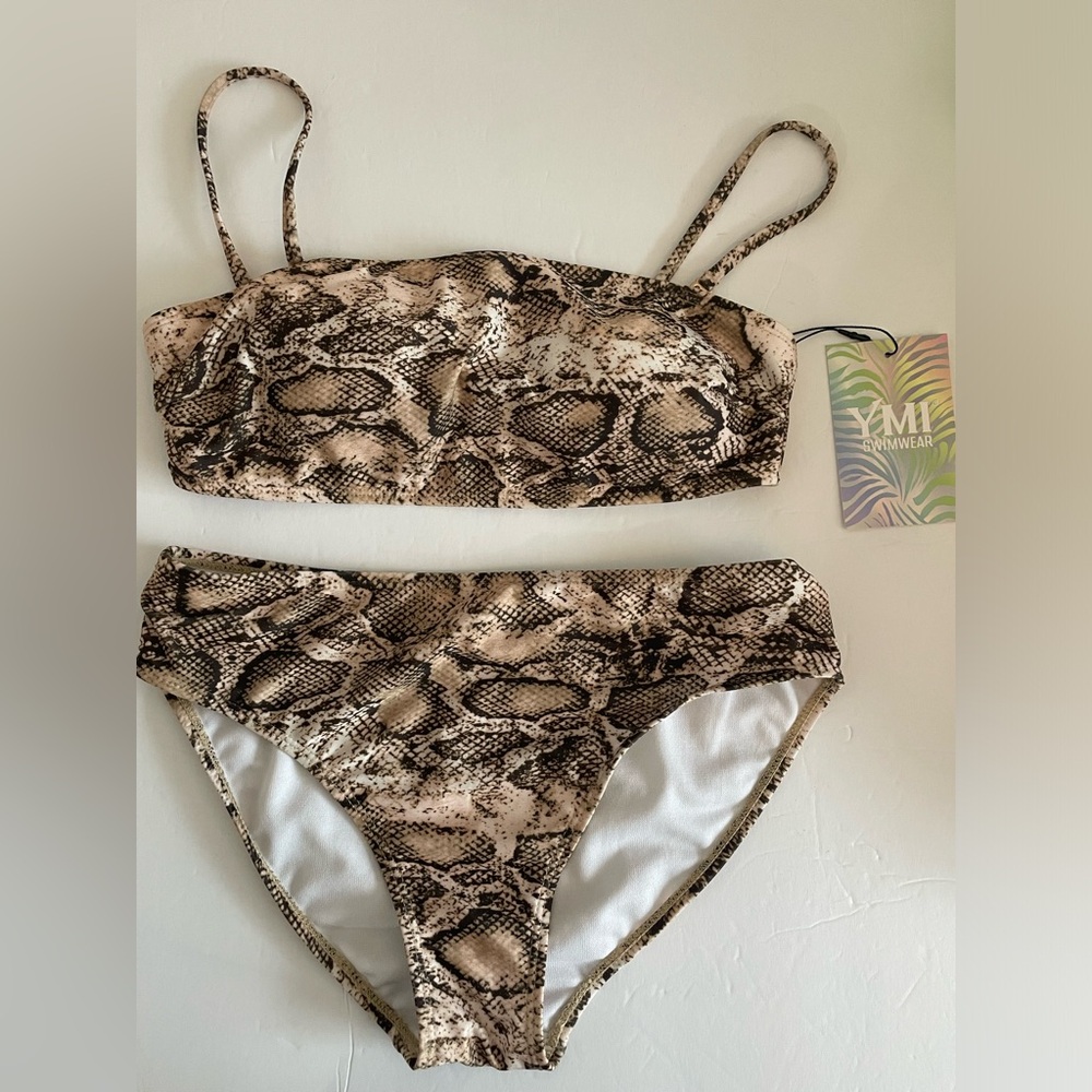 YMI Swimwear Bandeau Bikini Junior’s Small Neutral Snakeskin Print
